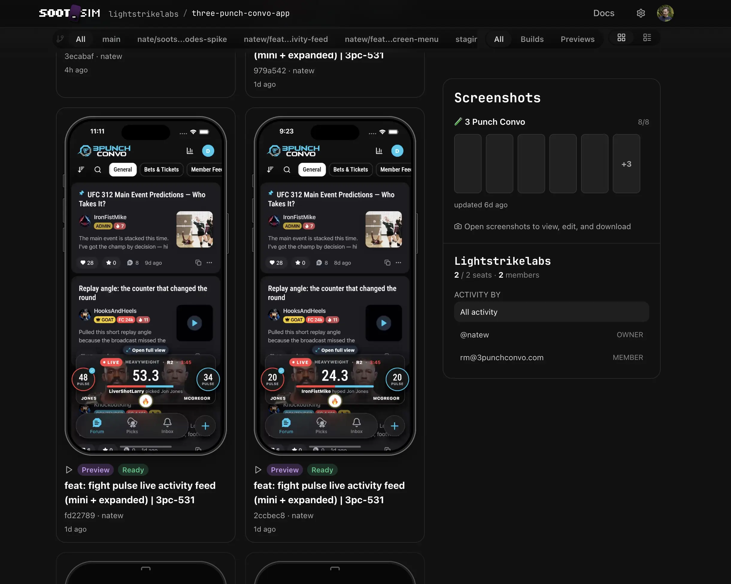 Team dashboard with builds and previews organized by repo and PR