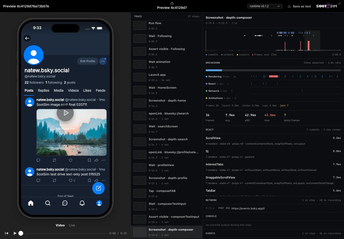 Hosted test report with device playback and a performance profile
